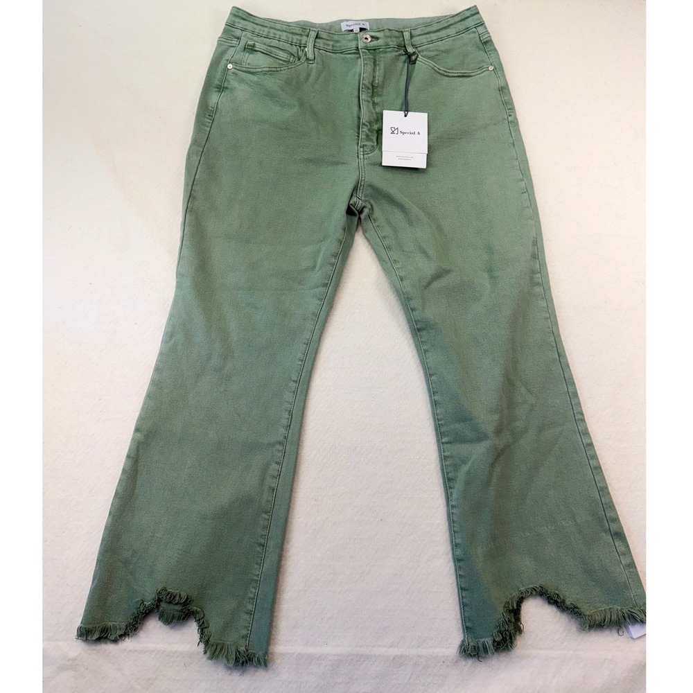 Special‎ A Olive Green Scalloped Raw Hem Flare Jeans P805580V Womens 3XL NEW
